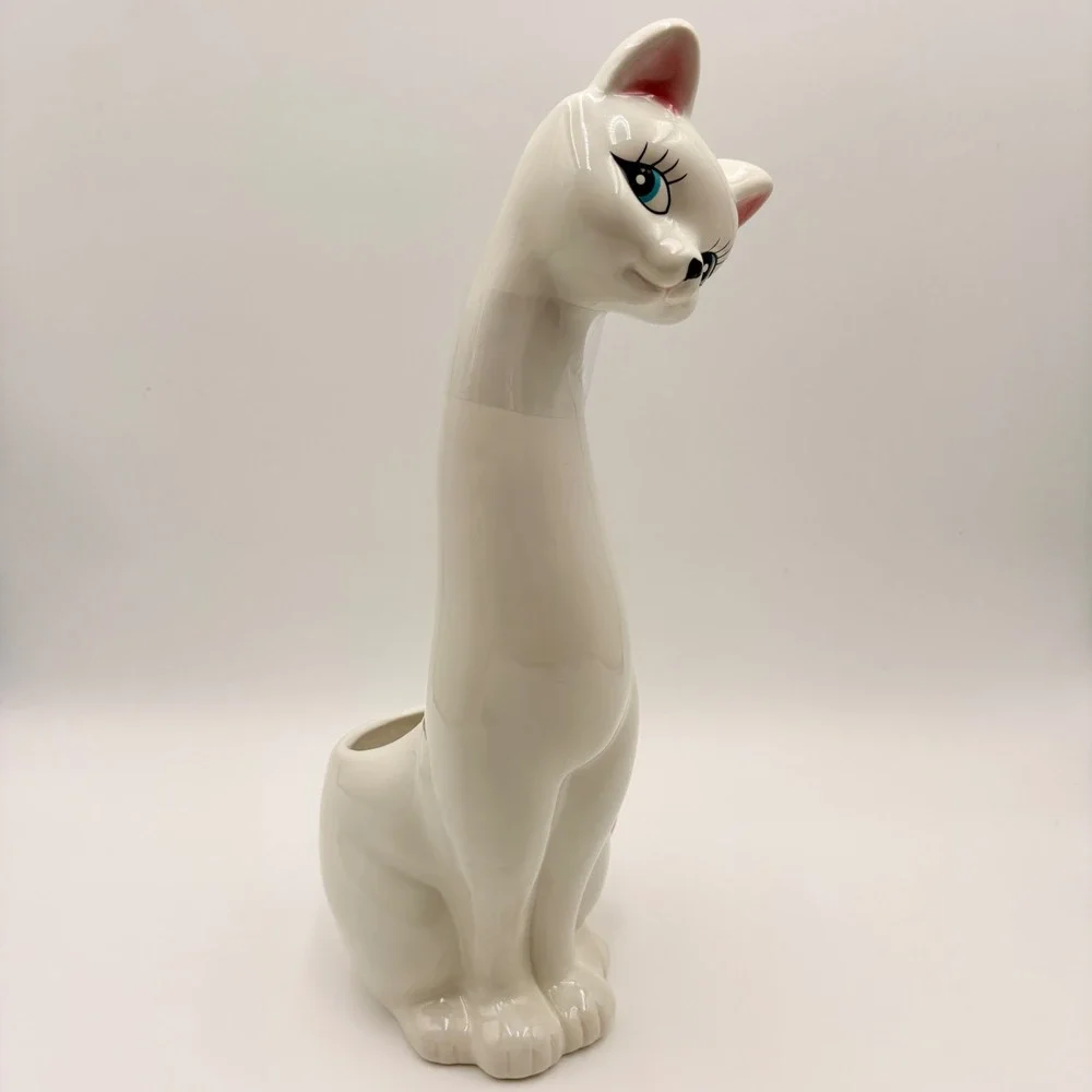 Bath & Bloom White Ceramic Long Neck Cat Toilet Brush Holder Pink Tail 17 Inch